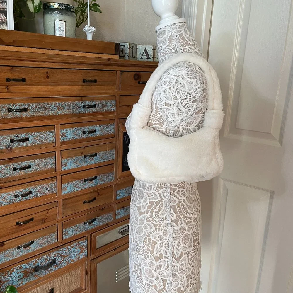 Furry Fluffy Soft Plush Shoulder Mini Hobo Handbag - NWT - Winter White